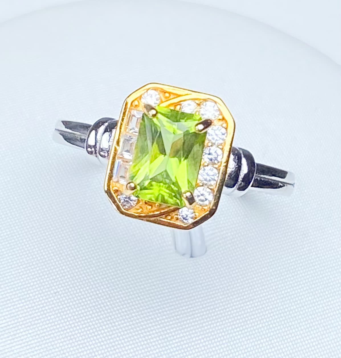 Sterling Silver Peridot Ring Adjustable Silver Gold with Zircon Ring