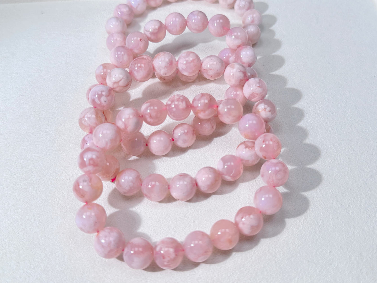 BEAUTIFUL! GEMMY NATRUAL PINKY FLOWER AGATE BEADED BRACELET 10mm