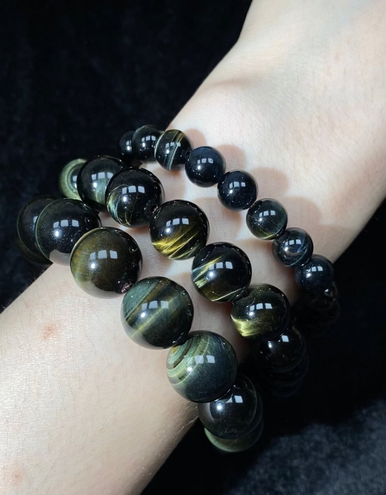 BEST! Collective Grade Golden/Green Tigers Eye Beaded Bracelet 8-16mm strong flash for women and men