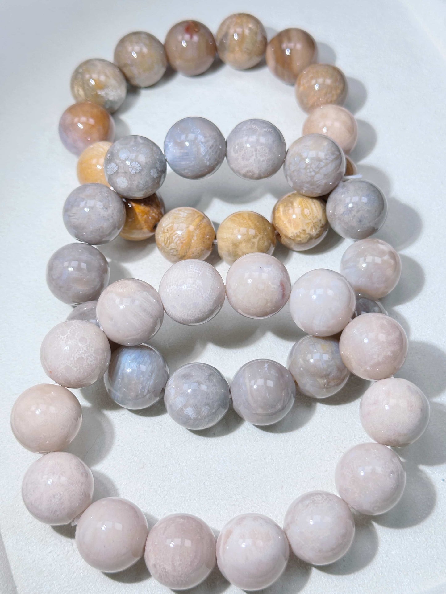 BIG SIZE! FOSSIL CORAL JADE BEADED BRACELT