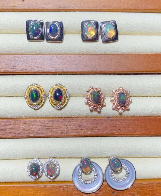 Sterling Silver Black Rainbow Ethiopian Opal Earring Stud