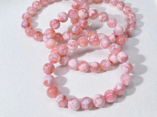 BEAUTIFUL! GEMMY NATRUAL PINKY FLOWER AGATE BEADED BRACELET 10mm